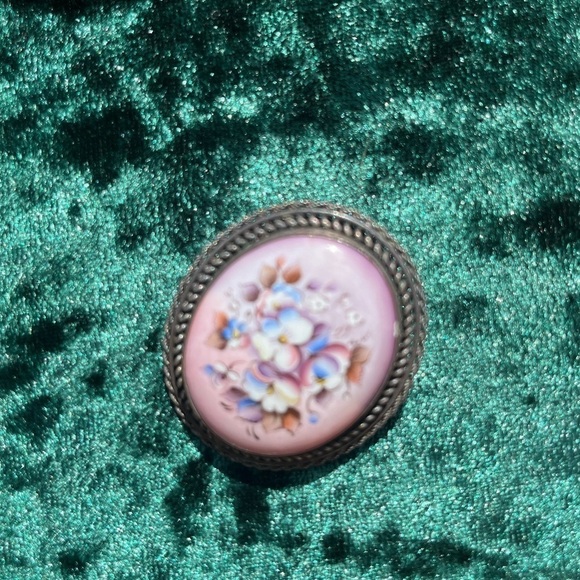 Russian Rostov Finift Filigree Silver Tone Enamel Hand Painted Flowers Brooch - Picture 1 of 12